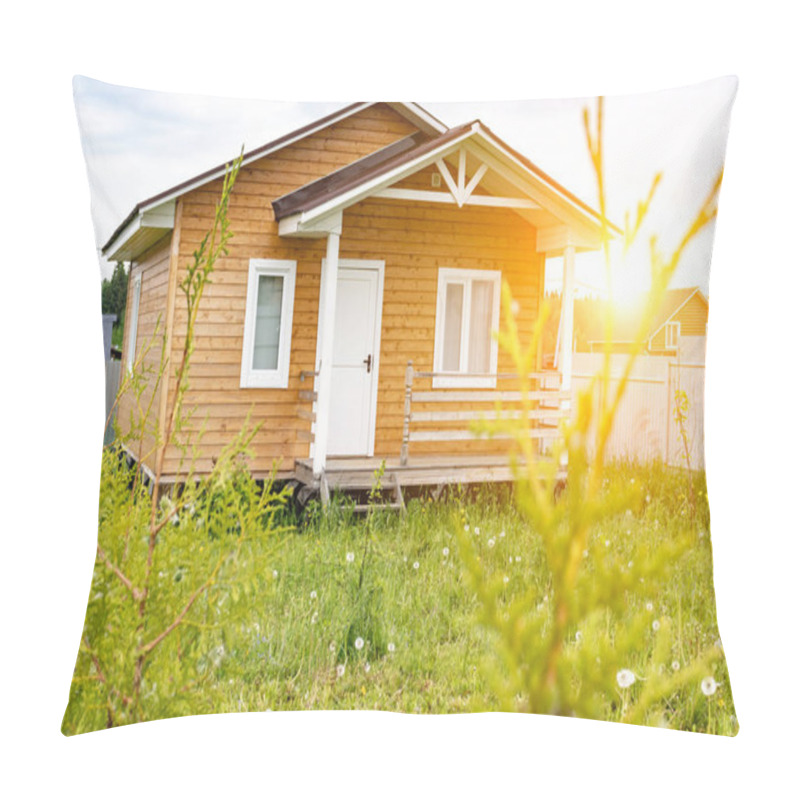 Personality  Small Tiny Wooden Frame House With Sundeck And White Windows And Door As A Country Residence In Sunny Summer Day Pillow Covers