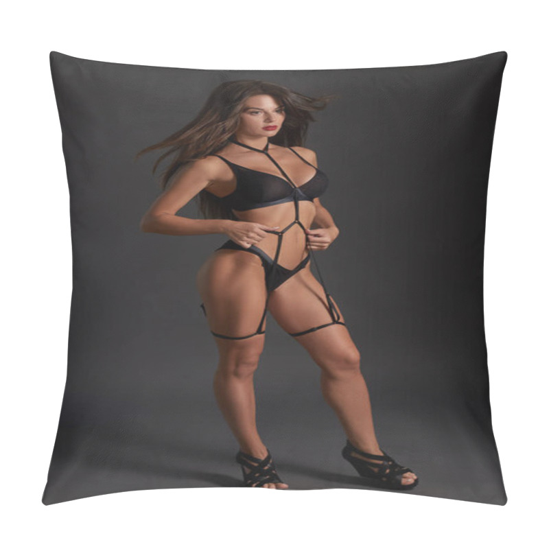 Personality  Beautiful Woman In Underwear And Leather Bandage. Sexy Body Girl Weared Swordbelt Posing Against Dark Grey Background. Pillow Covers