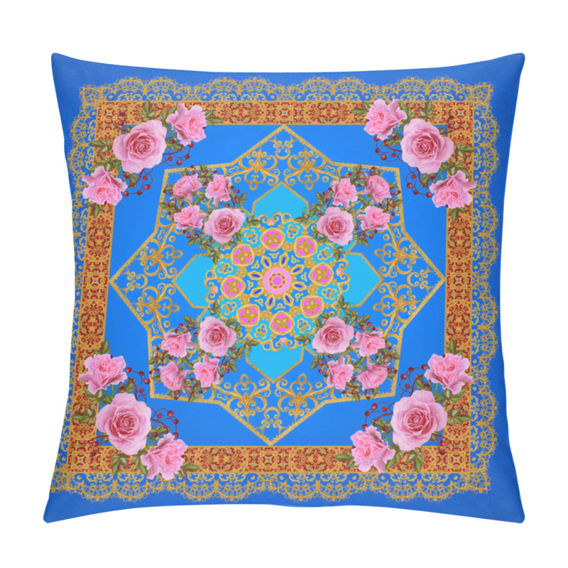 Personality  Gold Lace. Golden Crystals, Weaving, Arabesques.  Openwork Lace Weaving. Indian, Asian Decoration. Flower Arrangement, Pattern Of Red Roses. Pillow Covers