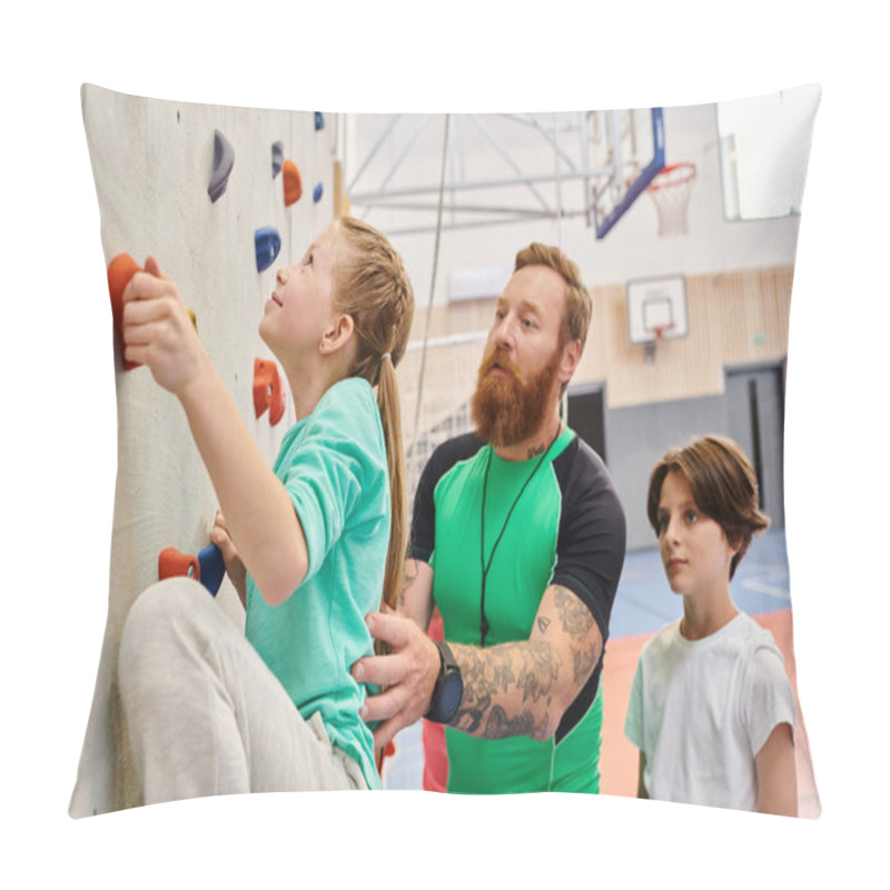 Personality  A Man, Acting As A Teacher, Leads Two Children In Climbing Up A Wall In A Bright And Lively Classroom Setting. Pillow Covers