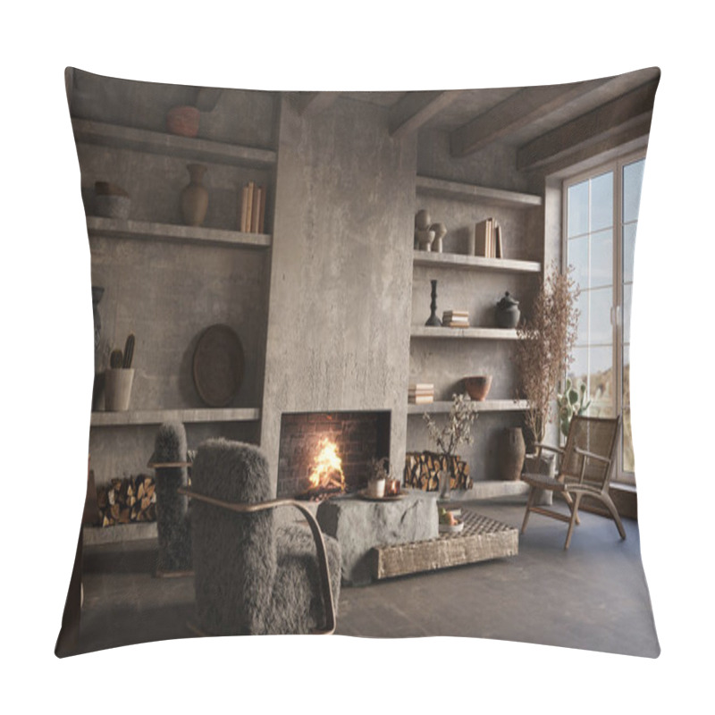 Personality  Wabi Sabi Living Room Interior. Interior Mockup, 3d Render Pillow Covers