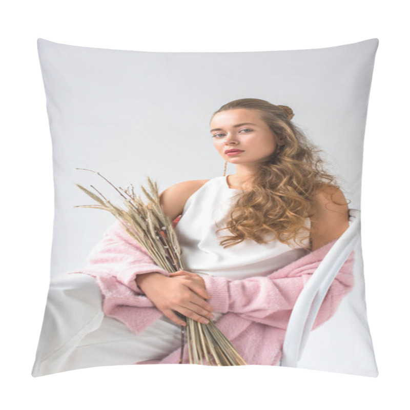 Personality  Stylish Woman Sitting On Chair With Bunch Of Willow Tree Branches And Looking At Camera Pillow Covers