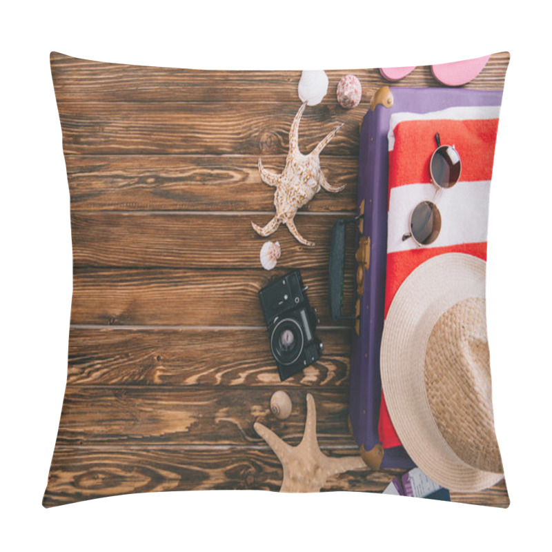 Personality  Top View Of Summer Accessories On Suitcase With Retro Film Camera And Seashells Around On Wooden Background Pillow Covers