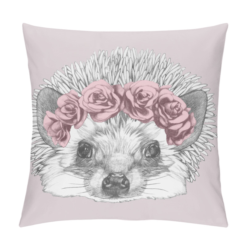 Personality  Portrait Of Hedgehog With Floral Head Wreath, Hand-drawn Illustration Pillow Covers