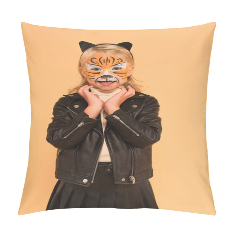 Personality  Smiling Kid In Black Leather Jacket And Tiger Makeup Holding Hands Near Face Isolated On Beige Pillow Covers