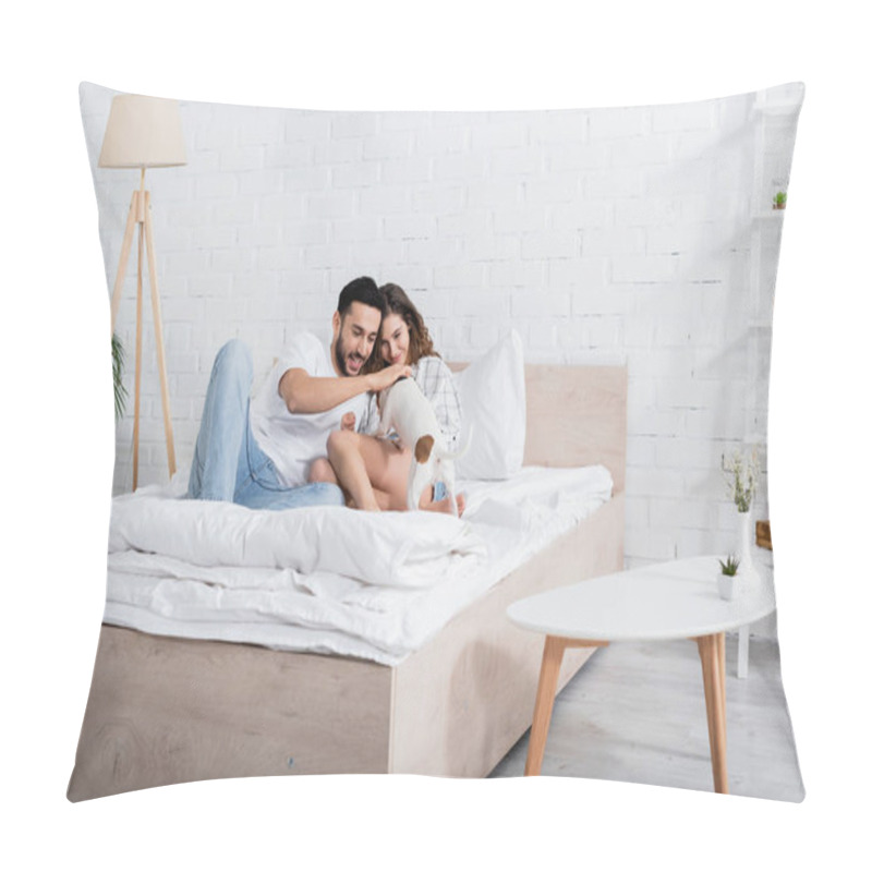 Personality  Pleased Interracial Couple Cuddling Jack Russell Terrier In Bedroom Pillow Covers