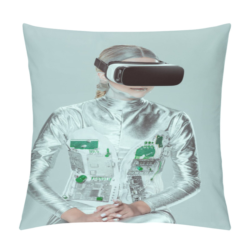 Personality  Silver Robot Using Virtual Reality Headset Isolated On Grey, Future Technology Concept Pillow Covers