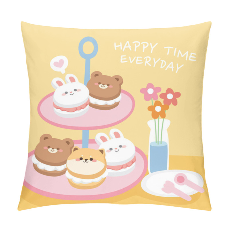 Personality  Cute Cartoon Animals Face Macaron On Plate With Flower.Image For Kid,sticker,card,background,wallpaper,banner.Art.Graphic Design.Rabbit,bear,shiba Inu Dog.Dessert.Kawaii.Vector.Illustration.Illustrator. Pillow Covers