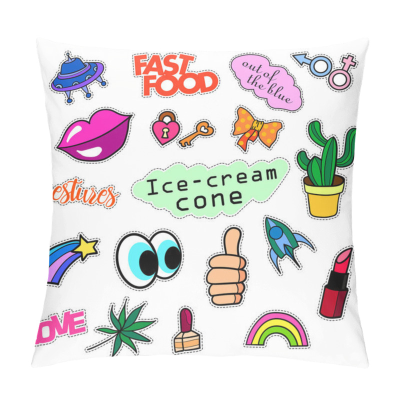 Personality  Fashion Patch Badges. Big Set. Stickers, Pins, Embroidery, Patches And Handwritten Notes Collection In Cartoon 80s-90s Comic Style. Trend. Vector Illustration Isolated. Pillow Covers