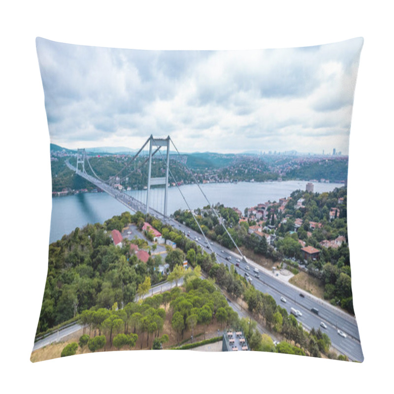 Personality  Aerial View Of Fatih Sultan Mehmet Bridge In Istanbul, Turkey. Beautiful View Of Istanbul Bosphorus. Drone Shot. Pillow Covers