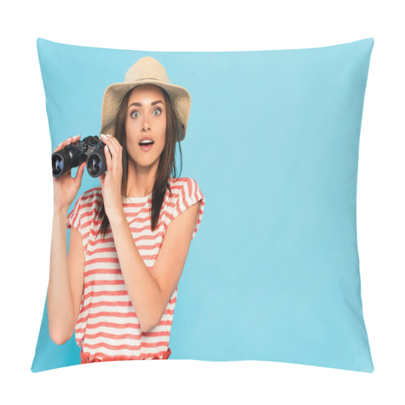 Personality  Young Surprised Woman In Hat Holding Binoculars Isolated On Blue Pillow Covers