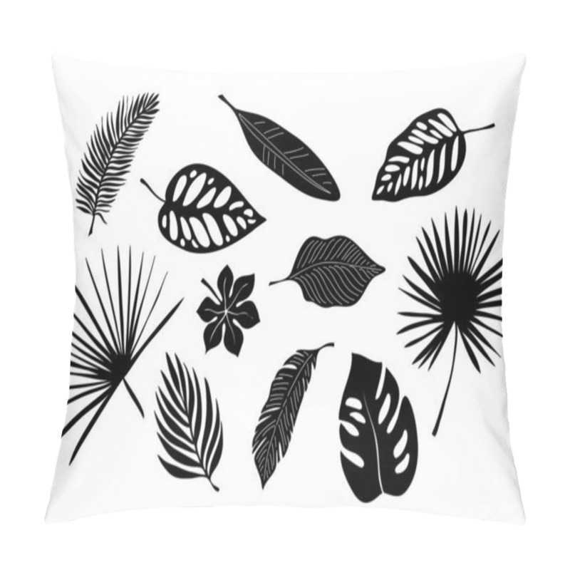 Personality  Tropical Exotic Leaves Of Palm, Monstera, Coconut, Banana Tree. Set Of Elements, Vector Illustrated, Black And White, Silhouette. Pillow Covers