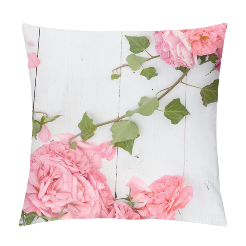 Personality  Romantic Pink Roses And Branches Of Ivy On White Wooden Background Pillow Covers