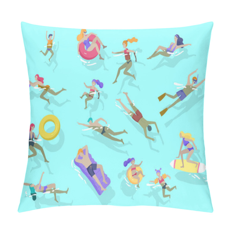 Personality  People Family And Children In Sea, Pool Or Ocean Performing Activities. Men Or Women Swimming In Swimwear, Diving, Surfing, Lying On Floating Air Mattress, Playing Ball. Cartoon Vector Pillow Covers