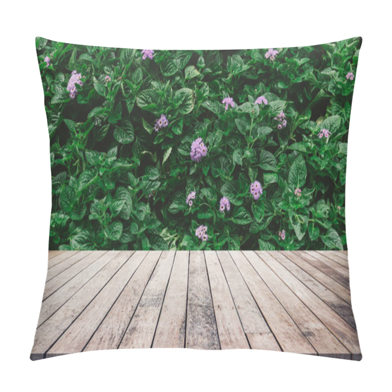 Personality  Wooden Planks On Floor And Growing Green Leaves On Bush With Flowers Background Pillow Covers