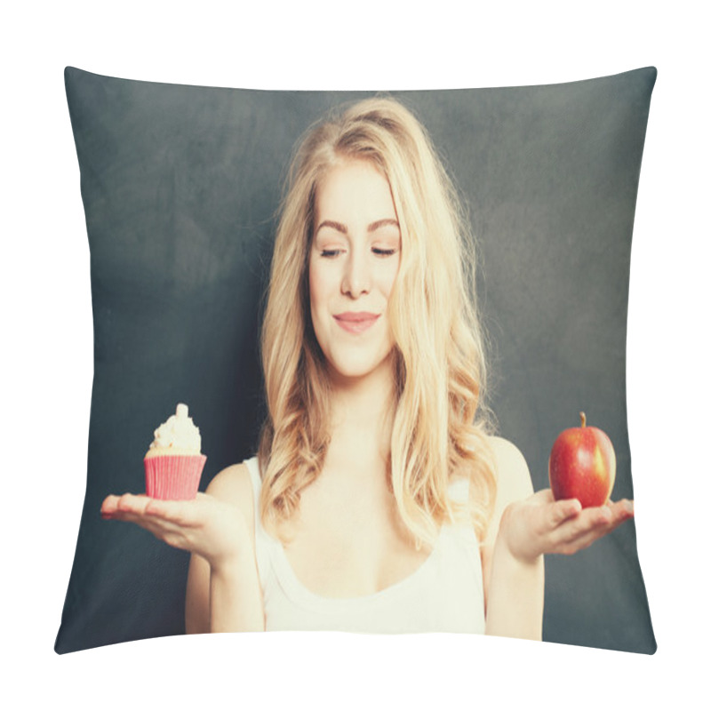 Personality  Woman With Healthy And Unhealthy Food. Difficult Choice. Overwei Pillow Covers