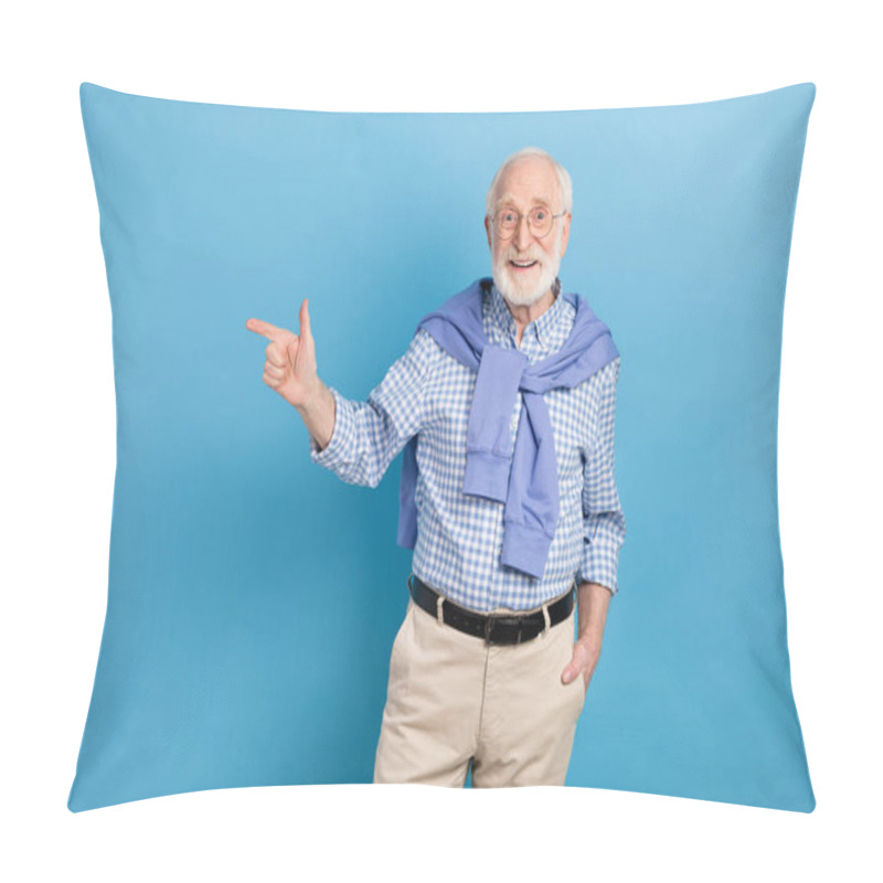 Personality  Photo Of Optimistic Old Grey Hairdo Man Point Empty Space Wear Spectacles Blue Shirt Isolated On Pastel Color Background Pillow Covers