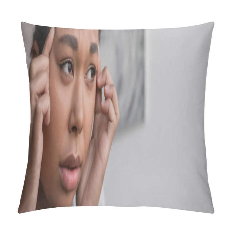 Personality  Depressed Multiracial Woman Touching Head And Looking Away At Home, Banner  Pillow Covers