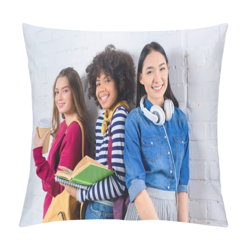 Personality  Portrait Of Young Multiracial Students Standing Against White Brick Wall Pillow Covers