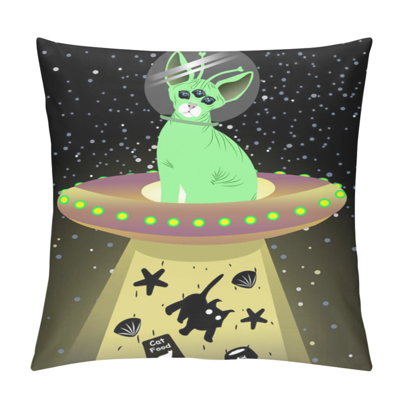 Personality  A Cute Green Alien Cat Driving A UFO In Outer Space, Bringing Food Supplies From Earth Pillow Covers