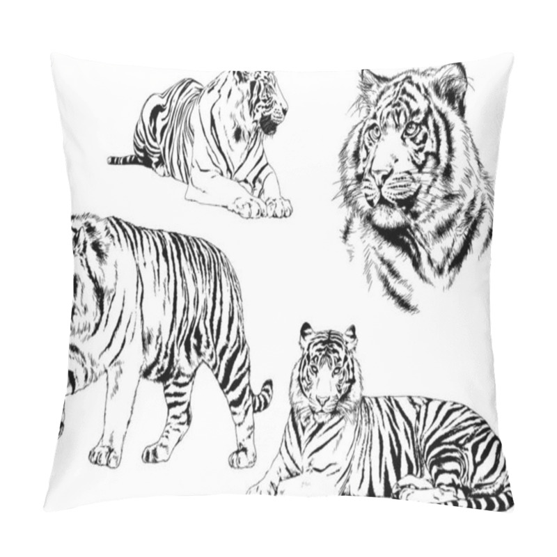 Personality  Set Of Vector Drawings On The Theme Of Predators Tigers Are Drawn By Hand With Ink Tattoo Logos Pillow Covers