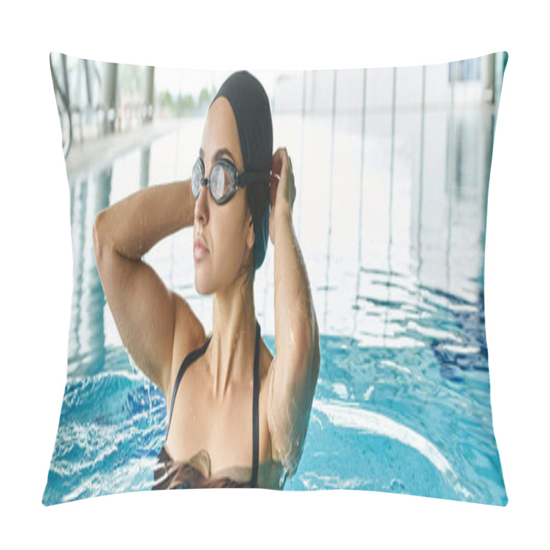 Personality  A Young Woman In A Swimsuit And Swim Cap Gracefully Swims Underwater In An Indoor Spa, Wearing Goggles. Pillow Covers