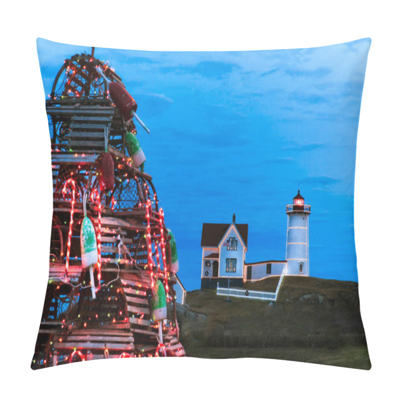 Personality  Nubble Lighthouse Is Lit Up For The Holidays In Maine With Traditional Wooden Lobster Trap Holiday Tree In The Forground. A New England Tradition. Pillow Covers