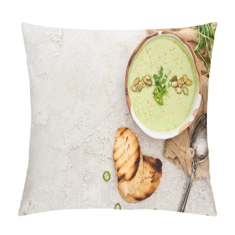 Personality  Top View Of Tasty Green Creamy Soup With Croutons And Sprouts On Textured Grey Background With Rustic Cloth Pillow Covers