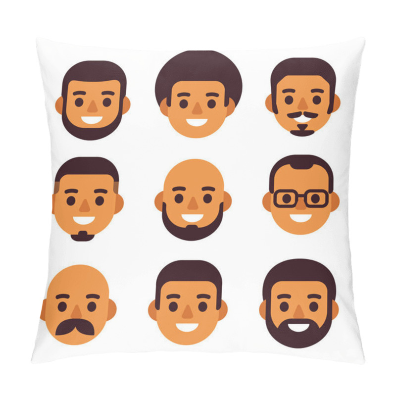 Personality  Cartoon Black Man Avatar Icon Set. Cute And Simple Male Portraits With Different Haircuts And Facial Hair. Flat Design Vector Illustration. Pillow Covers