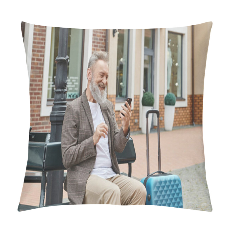 Personality  Happy Senior Man Using Smartphone And Sitting On Bench Near Luggage, Using Gadget, Age In Tech Pillow Covers