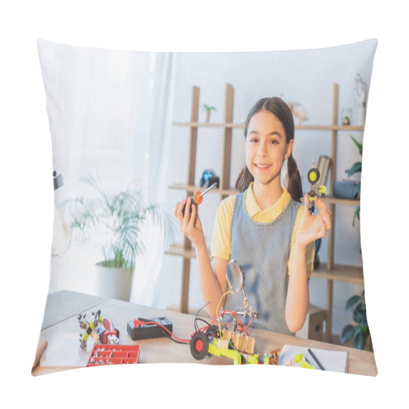 Personality  Smiling Preteen Girl Looking At Camera While Holding Screwdriver And Robotic Model At Home  Pillow Covers