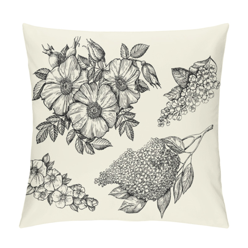 Personality  Flowers. Hand Drawn Sketch Flower, Lilac, Dogrose, Rosehip, Wild Rose. Vector Illustration Pillow Covers