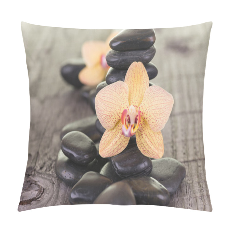 Personality  Yellow Moth Orchids And Black Stones On Weathered Deck Pillow Covers