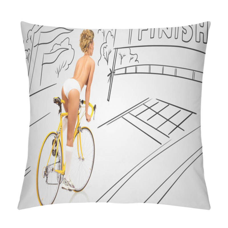 Personality  Back View Of A Sexy Pin-up Female Cyclist In White Erotic Panties Riding A Yellow Racing Bicycle On Sketchy Background Of A Race Finish Line. Pillow Covers