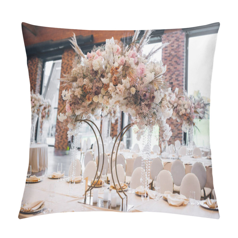 Personality  A Large Floral Arrangement Of An Unusual Shape Stands On A Beautiful Festive Table On The Wedding Pillow Covers