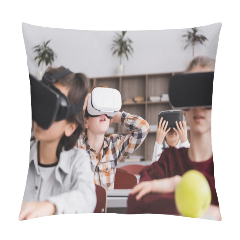 Personality  Selective Focus Of Excited Schoolkid In Vr Headset Near Pupils On Blurred Background Pillow Covers