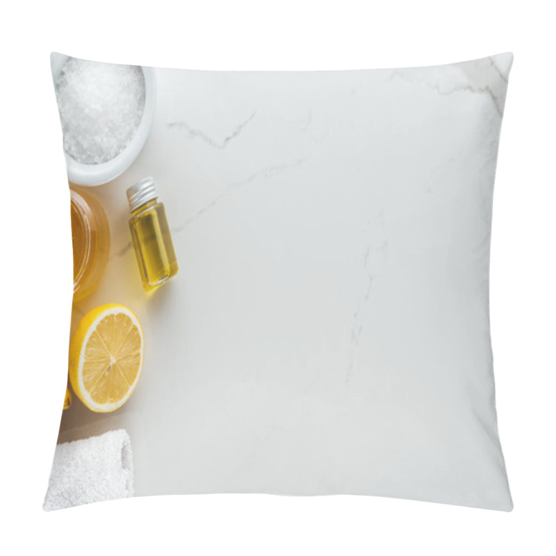 Personality  Top View Of Lemons, Honey, Salt And Other Natural Ingredients For Handmade Cosmetics On White Surface Pillow Covers