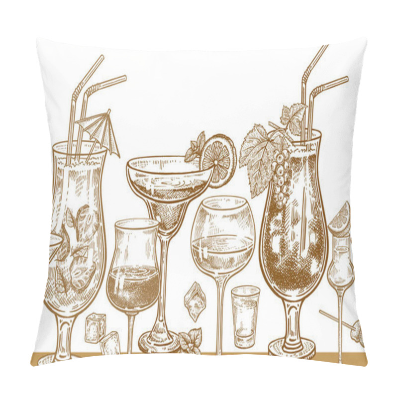 Personality  Seamless Vector Pattern With Alcohol Drinking. Cocktails, Glasses With Wine, Vodka And Tequila, Ice, Mint, Berries And Lemon. Gold And White. Vector Illustration. Vintage Engraving. Hand Drawing. Pillow Covers