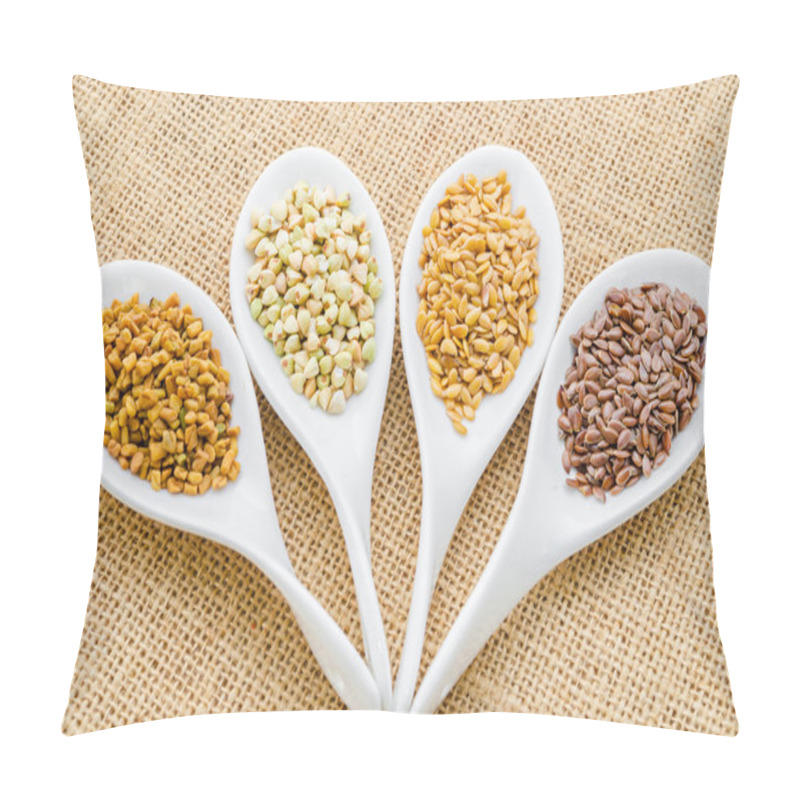 Personality   Fenugreek Seeds, Bukwheat Seeds, Gold Linseeds And Brown Linsee Pillow Covers