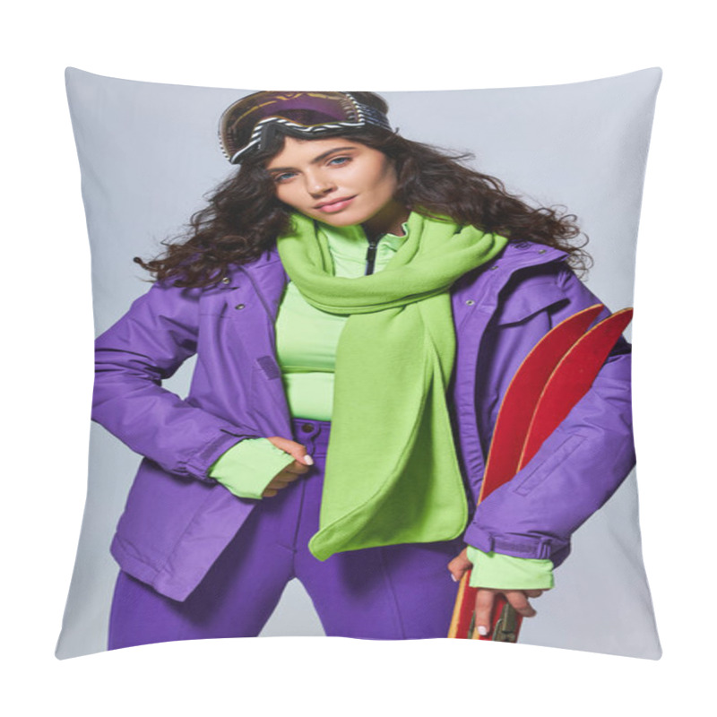 Personality  Winter Sport, Attractive Woman With Curly Hair Posing In Active Wear With Puffer Jacket And Skis Pillow Covers