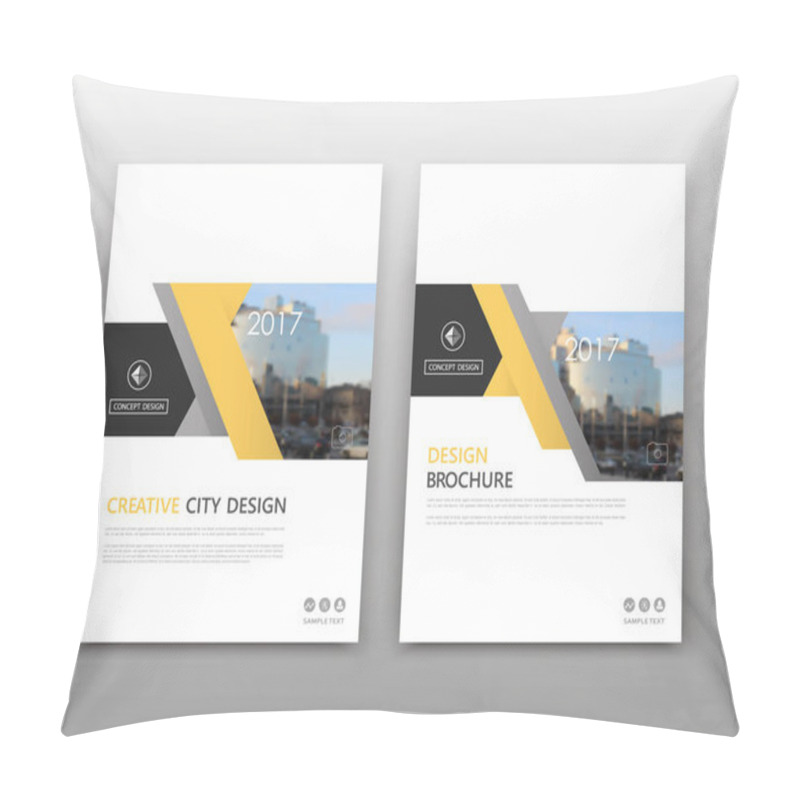 Personality  Abstract Composition. White A4 Brochure Cover Design. Info Banner Frame. Text Font. Title Sheet Model Set. Modern Vector Front Page. City View Texture. Yellow Figure Image Icon. Elegant Ad Flyer Fiber Pillow Covers