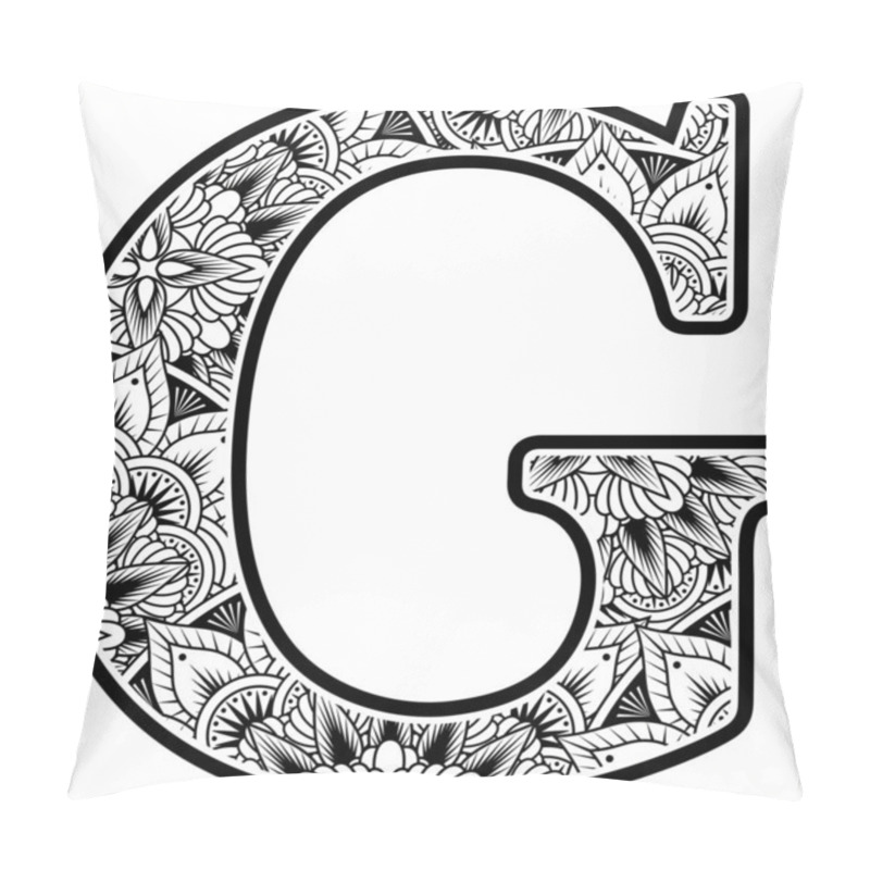 Personality  Capital Letter G With Abstract Flowers Ornaments In Black And White. Design Inspired From Mandala Art Style For Coloring. Isolated On White Background Pillow Covers