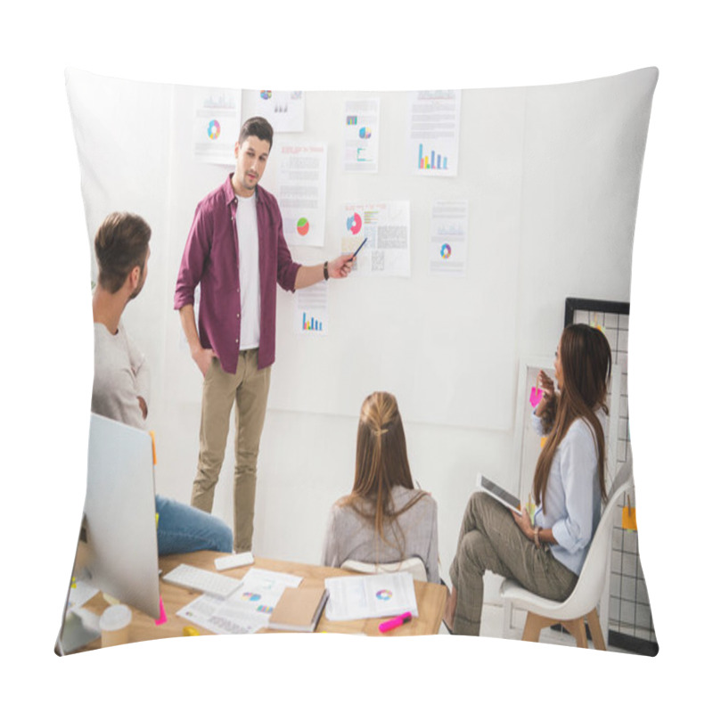 Personality  Marketing Manager Pointing At White Board With Papers On Business Meeting With Multiethnic Colleagues Pillow Covers