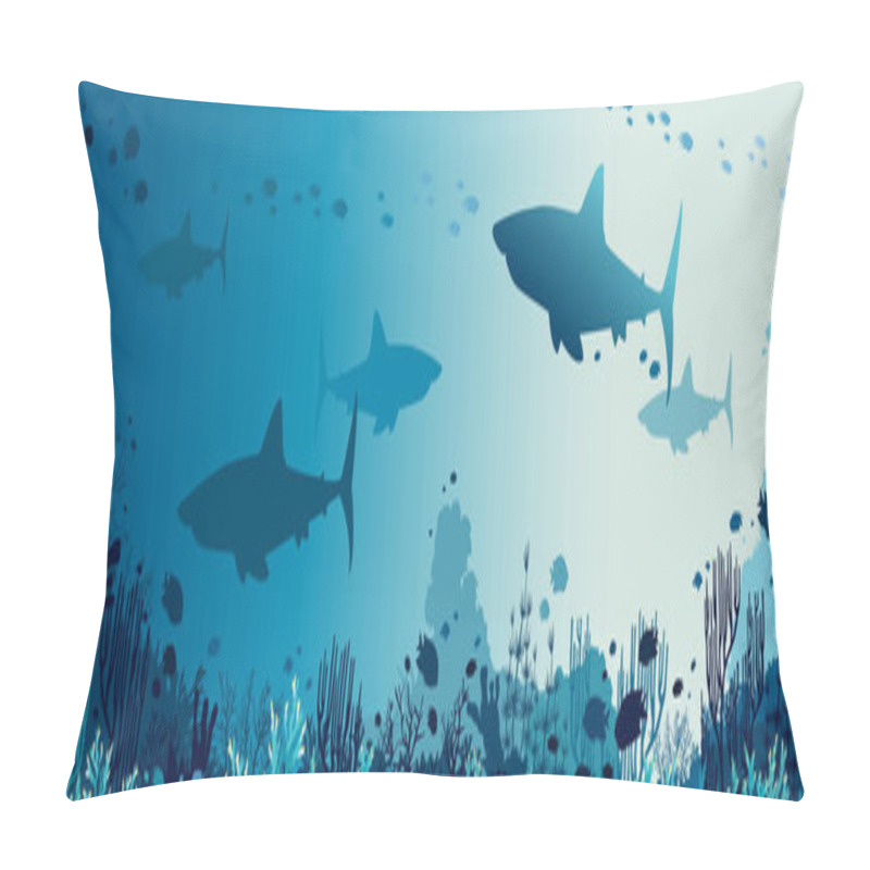 Personality  Silhouette Of Big Sharks, Coral Reef And Tropical Fishes In A Blue Sea Background. Vector Panoramic Illustration. Underwater Nature And Marine Wildlife.  Pillow Covers