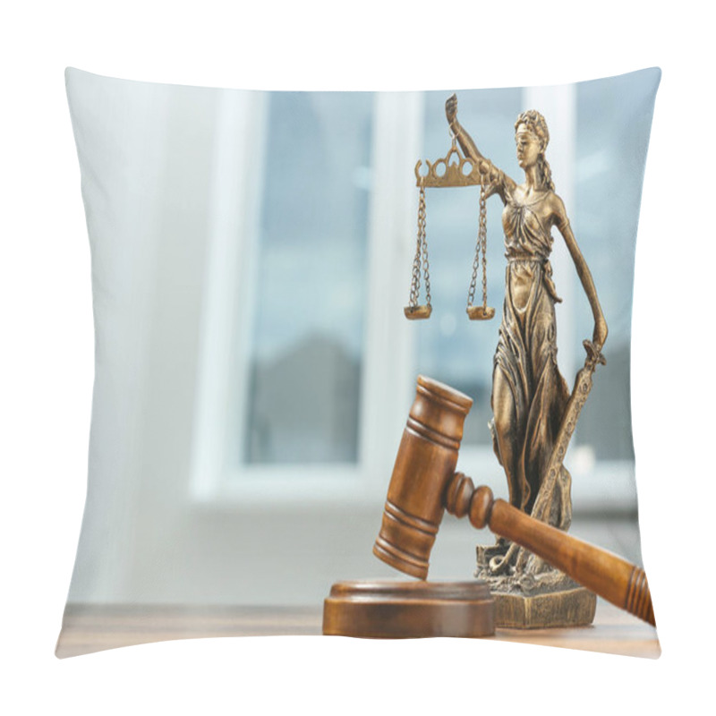 Personality  Figure Of Lady Justice And Gavel On Wooden Table Indoors, Space For Text. Symbol Of Fair Treatment Under Law Pillow Covers