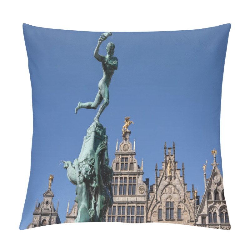 Personality  Antwerp , Belgium - April 9, 2024: Historic Center Of Antwerp: Brab Fountain And City Hall On A Sunny Day Pillow Covers