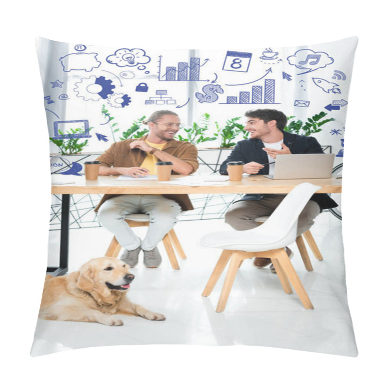 Personality  Two Handsome Friends Smiling And Looking At Each Other With Business Illustration Above Heads Pillow Covers