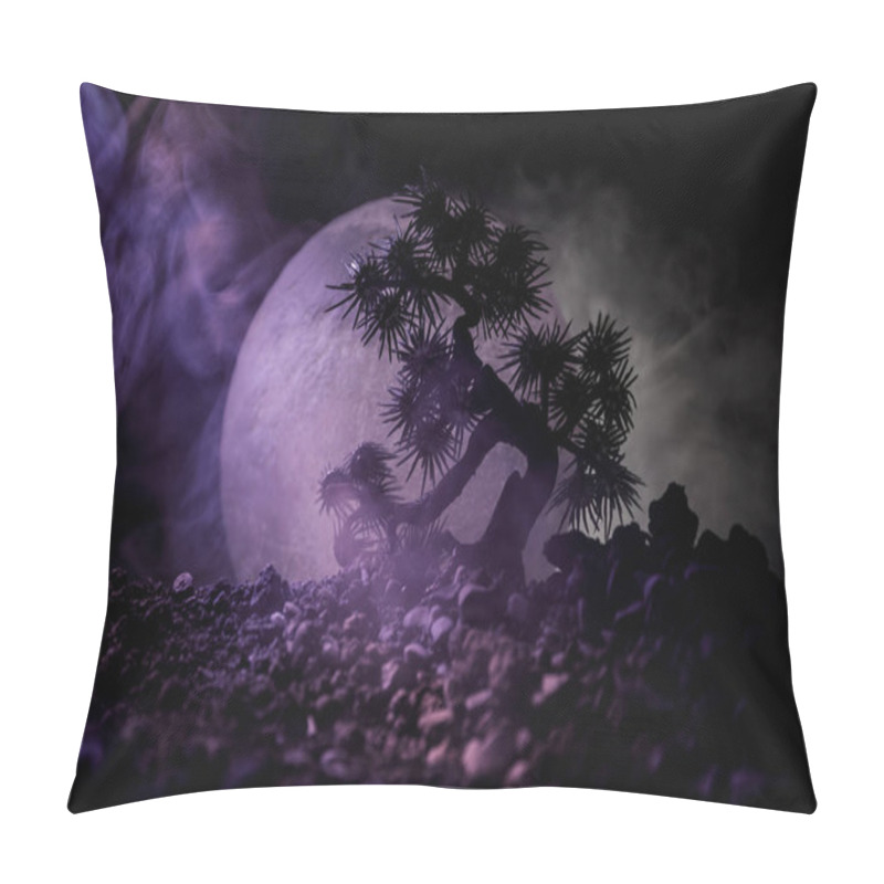 Personality  Silhouette Tree On Full Moon Background. Full Moon Rising Above Japanese Style Tree Against Toned Foggy Sky. Pillow Covers