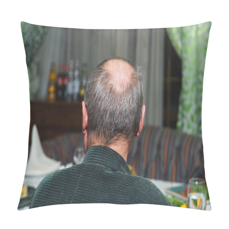 Personality  A Man With White Hair And A Bald Spot. An Old Man In A Green Shirt Is Sitting At The Table. Gray Hair Texture. Pillow Covers