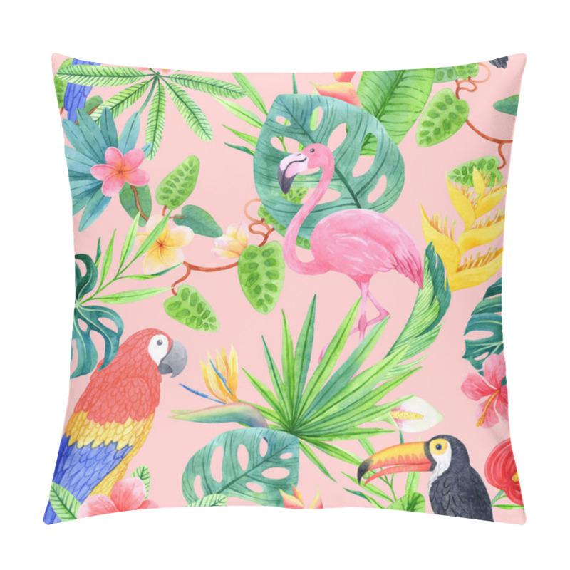 Personality  Watercolor Seamless Pattern Of Exotic Birds Among The Lush And Blooming Nature Of Rainforests. Pillow Covers